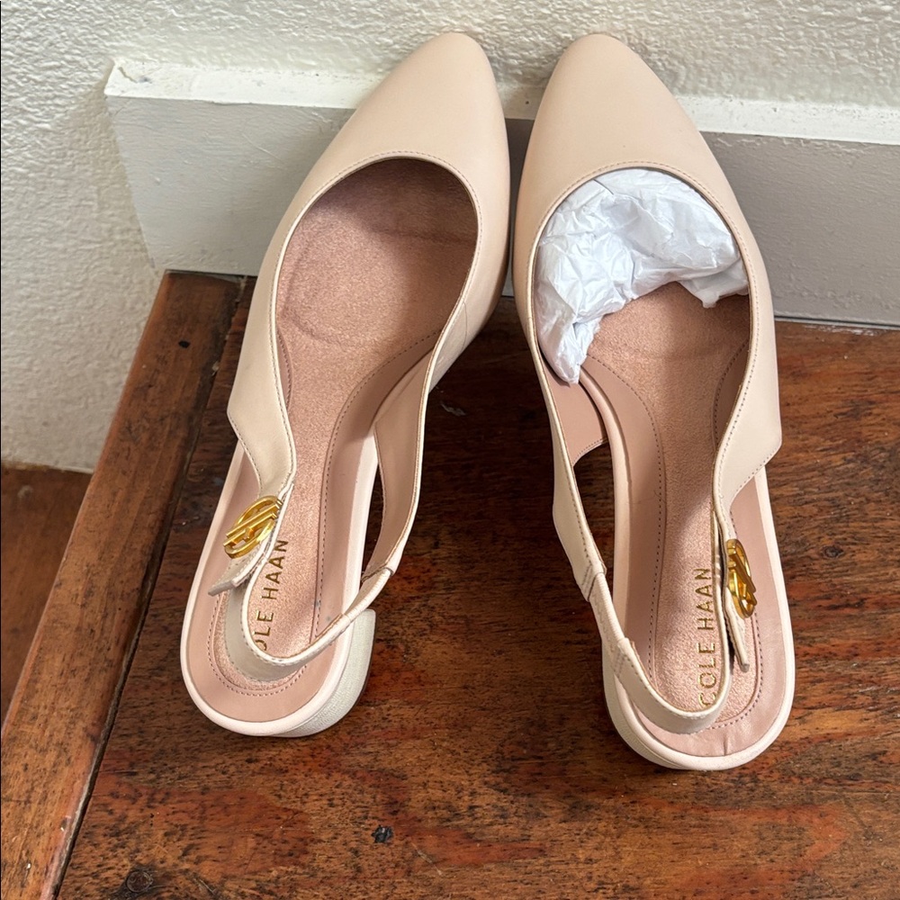 Cole Haan Blush Nude Slingback Pointed-Toe Mules with Gold Accent